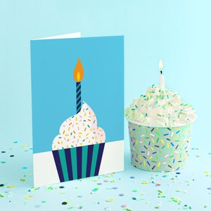 Happy Birthday Blue Cupcake Greeting Card Stationery A7 Size 5x7 inches Blank Inside