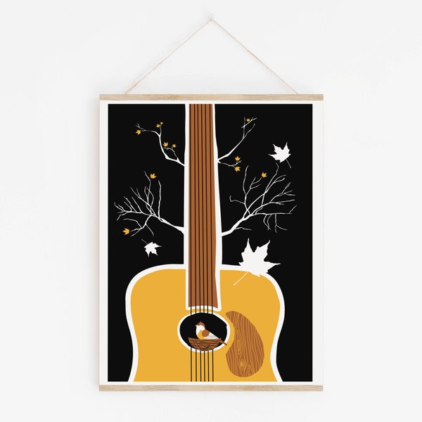 Guitar and Bird Art Print - Songbird Acoustic Guitar Birdhouse Silkscreen Print - Musician Gift - Wall Art - Music Wall Decor Musical Vibe