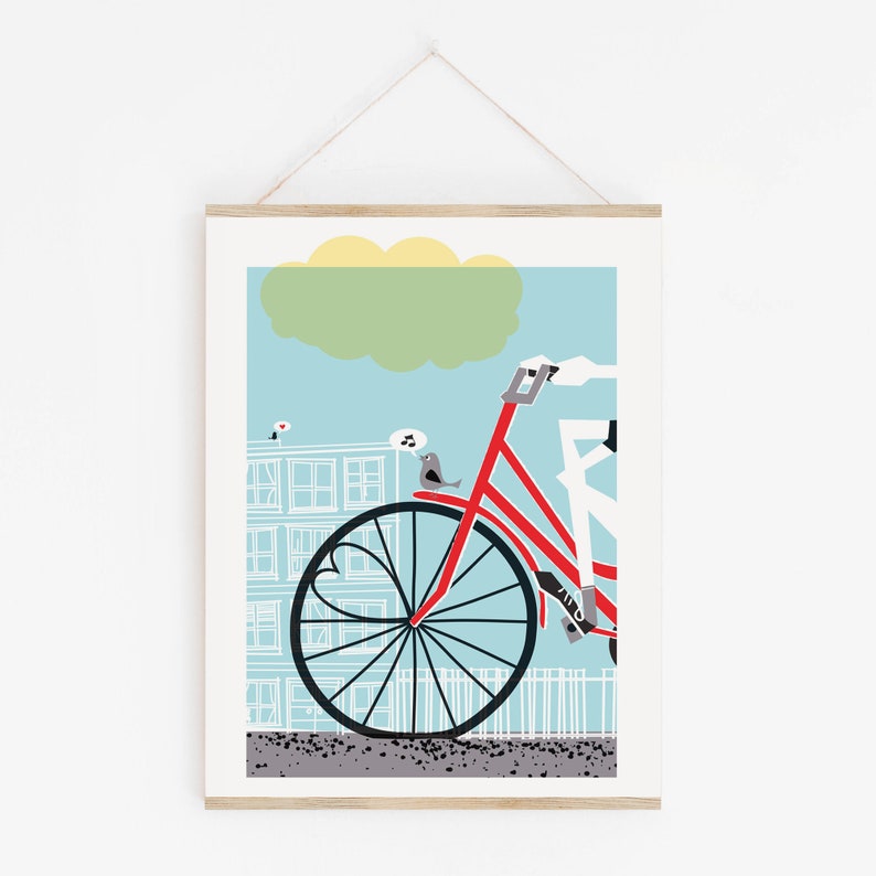 An image of a print with a front bicycle wheel with a heart in the spokes and a bird riding on top of the wheel singing to another bird on a building in the background. Blue background, red bike, yellow cloud and gray birds.