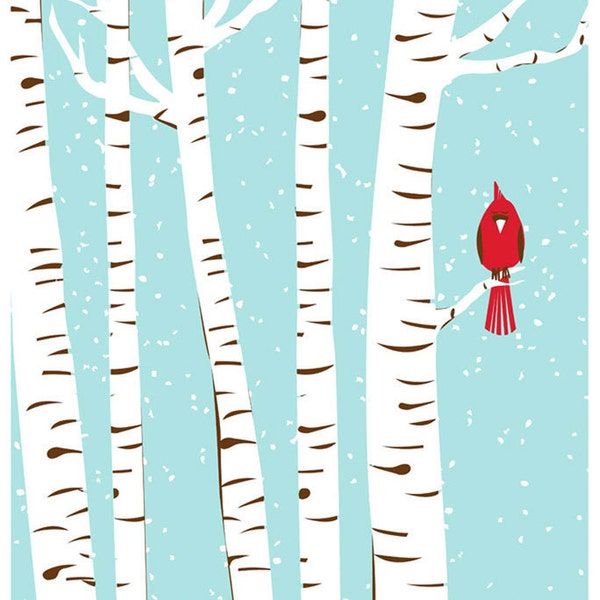Impression d'art Cardinal d'hiver sérigraphié - Art mural sérigraphié - Arbres enneigés Oiseaux rouges et bouleaux Décoration d'intérieur