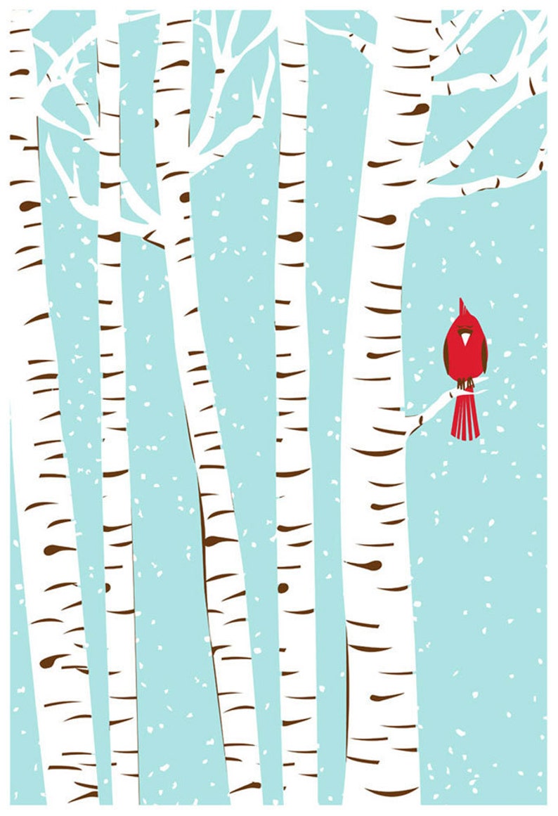 Screenprint Winter Cardinal Art Print Silkscreen Wall Art Snowy Trees Red Bird and Birch Trees Home Decor image 1