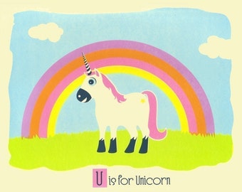 U is for Unicorn - Alphabet Print Screenprint Poster Kids Wall Nursery Art - Animal Art Print