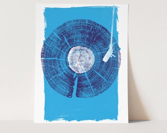 Screenprint Music Lover Record Player Art Print with Wood Texture Vinyl LP Art Silkscreen - Nature Sounds - Indigo Blue - Wall Art Decor