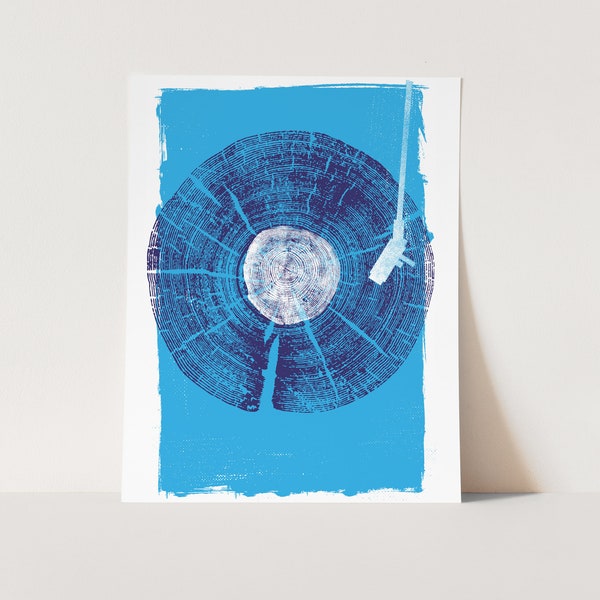 Screenprint Music Lover Record Player Art Print with Wood Texture Vinyl LP Art Silkscreen - Nature Sounds - Indigo Blue - Wall Art Decor