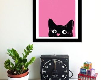 Cat Print - Oh Hai Screenprint Black Cat Art - Hot Pink Wall Art - Silkscreen Art Print