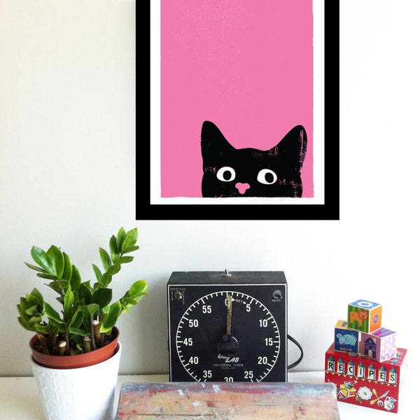 Cat Print - Oh Hai Screenprint Black Cat Art - Hot Pink Wall Art - Silkscreen Art Print