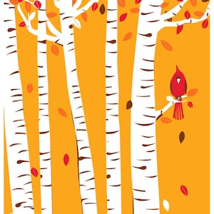 Autumn Cardinal Print - Serigrafía Cartel de impresión de arte de aves - Impresión de abedules de otoño con hojas y arte mural de arte de pájaro rojo
