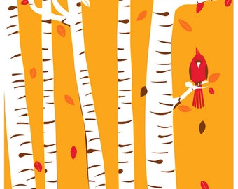 Autumn Cardinal Print - Screenprint Bird Art Print Poster - Fall Birch Trees Print with Leaves & Red Bird Art Wall Art