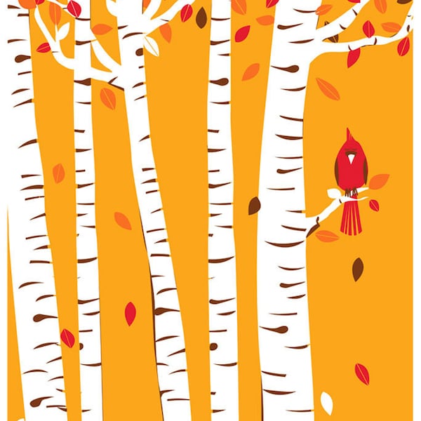 Autumn Cardinal Print - Screenprint Bird Art Print Poster - Fall Birch Trees Print with Leaves & Red Bird Art Wall Art