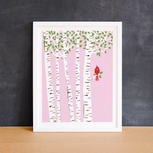 Small Summer Cardinal Art Print Birch Tree Art Red Bird Print  Petite Prints Nursery Art Home and Office Decor