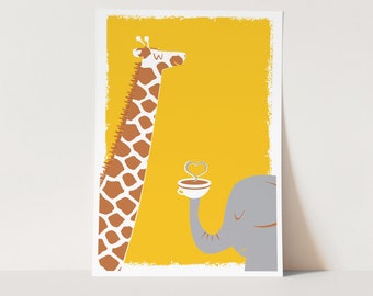 Coffee Art Print - Elephant and Giraffe Best Friends Giclee Print - Vintage Style Illustration Nursery Kitchen Coffee Bar Wall Art Decor