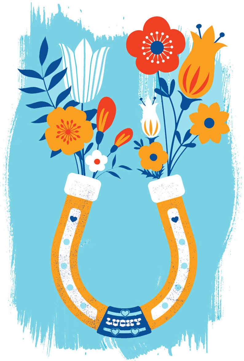 May include: A yellow horseshoe with a blue and white stripe and the word "LUCKY" on it.  A bouquet of flowers in shades of orange, red, white, and blue are inside the horseshoe.