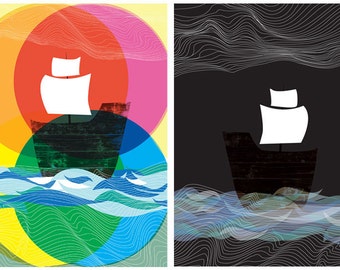 Giclee Prints - Ghost Ships Day and Night - Nautical Ships At Sea art prints - 2 print set