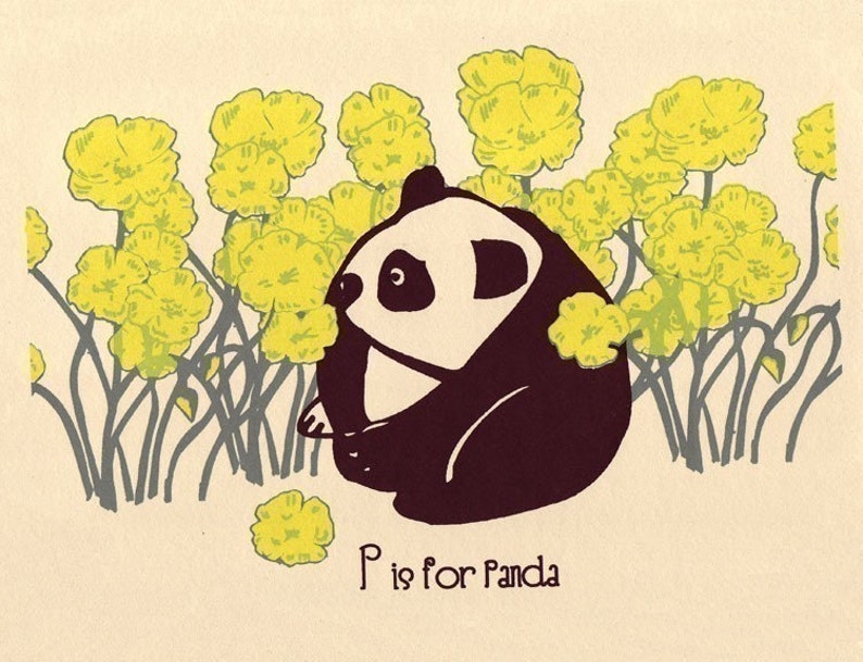 P is for Panda Nursery Print Alphabet Print Screenprint ABC Poster Animal Nursery Art Kids Wall Art by strawberryluna image 1