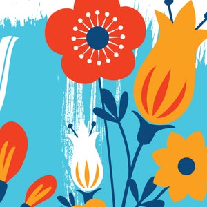May include: A colorful illustration of a bouquet of flowers with red, orange, yellow, white, and blue flowers on a blue background.