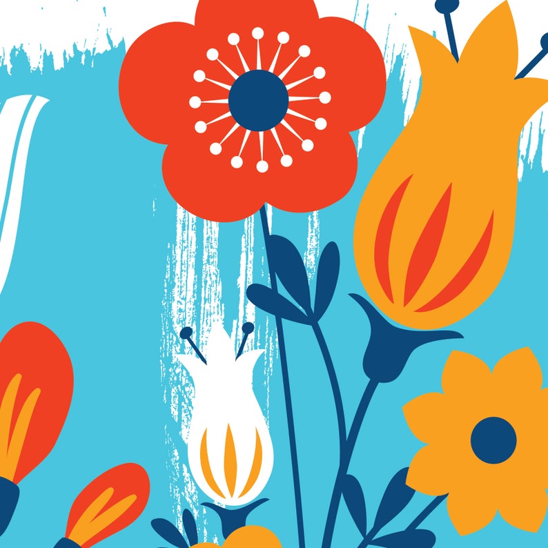 May include: A colorful illustration of a bouquet of flowers with red, orange, yellow, white, and blue flowers on a blue background.