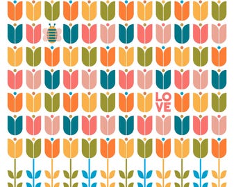 Bee and Tulips Giclee Print: Colorful Garden Art