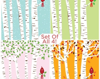 Screenprint Poster Set - Cardinal Bird Seasons & Birch Trees Art Print Posters - 4 Seasons Print Set