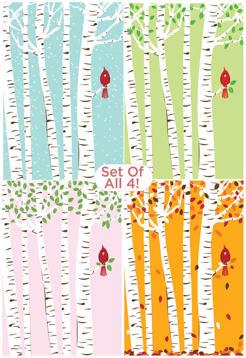 Screenprint Poster Set Cardinal Bird Seasons & Birch Trees Art Print Posters 4 Seasons Print Set image 1