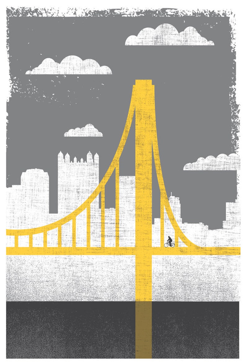 Pittsburgh Art City of Bridges 2 Silkscreen Print Pittsburgh Bike Print Pittsburgh Bicycle Poster Bridge Art Wall Decor & Wall Art image 3