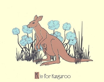 K is for Kangaroo Screenprint - Nursery Art Alphabet Print -  Silkscreen Animal Art Print Poster Kids Wall Art