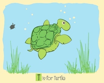 T is for Turtle Screenprint  - Turtle Nursery Print - Alphabet Print - Silkscreen Animal Art Print Kids Wall Art