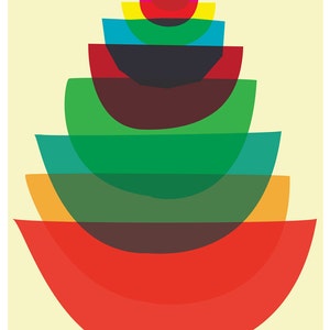 Original illustration of a stack of multi colored and translucent kitchen mixing bowls neatly nesting into each other. Soft butter yellow background sets the scene for red, orange, blue, green, pink and chartreuse bowls.