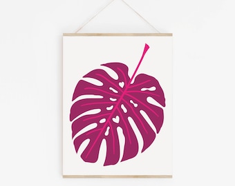 Screenprint Monstera Leaf Botanical Art Print - Tropical Magenta Silkscreen Wall Art Decor - Hand Screenprinted - Leaves Wall Art Print