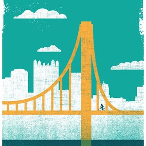 Pittsburgh Art City of Bridges 2 Silkscreen Print Pittsburgh Bike Print Pittsburgh Bicycle Poster Bridge Art Wall Decor & Wall Art image 1