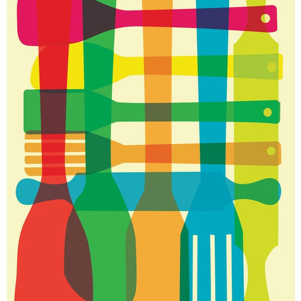 Kitchen Art Print Giclee  - Utensil Stack Medium - 11x14 Poster Mid Century Modern Inspired Art Print Plaid Pattern