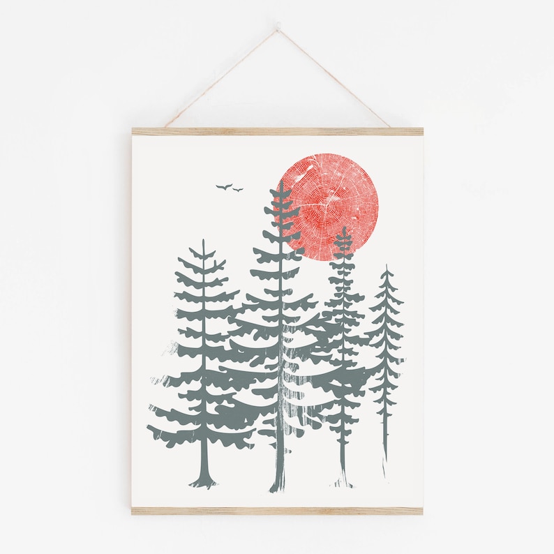 Evergreen Trees Screenprint Art Print Silkscreen Red Sun Northwest Forest Poster Woodland Art Print image 5