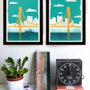 Pittsburgh Art City of Bridges 2 Silkscreen Print Pittsburgh Bike Print Pittsburgh Bicycle Poster Bridge Art Wall Decor & Wall Art image 2