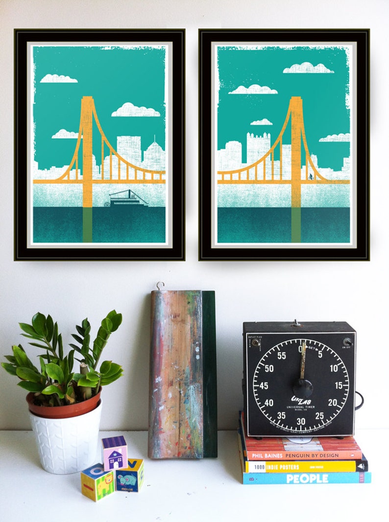 Pittsburgh Art City of Bridges 2 Silkscreen Print Pittsburgh Bike Print Pittsburgh Bicycle Poster Bridge Art Wall Decor & Wall Art image 2