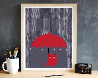 Cat Print Wall Art - Giclee Rain Kitty Cat Lover Art Rainy Day Cat and Umbrella Illustration Art Print