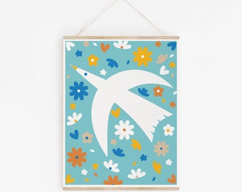 Cute Happy Bird Giclee Art Print - A Fresh Start Bird and Flowers Art - Peace and Hope Wall Decor Nursery Art