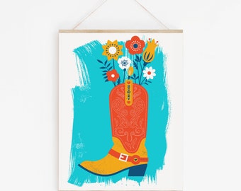 Screenprint Cowboy & Cowgirl Art - Boot and Flowers Art Print - Howdy Love - Silkscreen Modern Farmhouse Country Wall Art Wall Decor