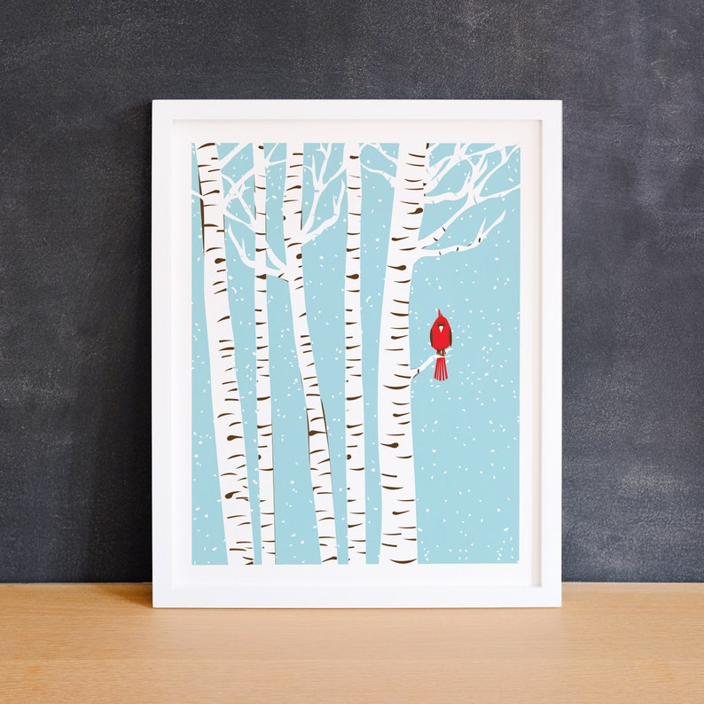 Small Winter Cardinal Print Brich Tree Art Red Bird Art Print Petite Prints Nursery Art Winter Trees Print Wall Art Home Office Decor image 4