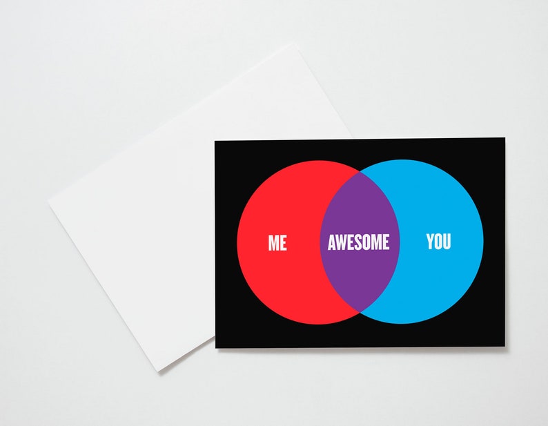 Love and Valentine Greeting Card Me Plus You Equals Awesome Blank Stationery Card Venn Diagram Anniversary Friendship Card A7 Size image 1