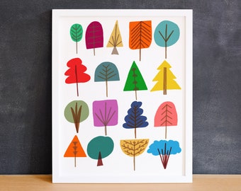 Giclee Print Mid Century Style Art Print Nursery Art 17 Trees Illustration Colorful Forest Print Wall Decor Wall Art Kids Room Petite Print