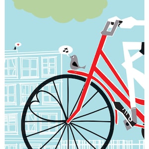 Bicycle love story in an art print! Hand silkscreen printed bike art with 2 little lovebirds. Size 16x22 inches.