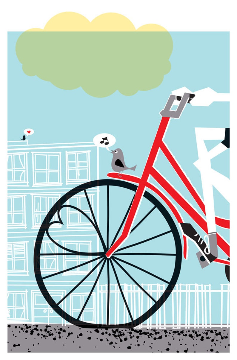 Bicycle love story in an art print! Hand silkscreen printed bike art with 2 little lovebirds. Size 16x22 inches.