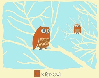 Owl Screenprint Nursery Art - O is for Owl - Alphabet Print - Kids Wall Art Animal Alphabet art print - Nursery Decor Print