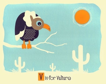 Kids Wall Nursery Art - V is for Vulture - Alphabet Print - Screenprint Animal Art Print