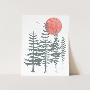 Evergreen Trees Print Screenprint Art Silkscreen Red Sun Northwest Forest Poster Woodland Art Print image 4