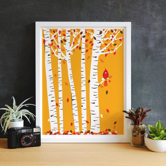 Giclee Small Autumn Cardinal Print Birch Tree Art Giclee Print Red Bird Print Nursery Art Autumn Leaves Trees Wall Art Home Office Decor
