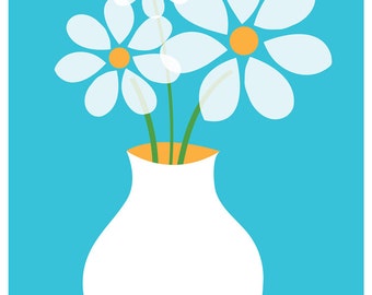 Impresión artística giclée de margaritas azules - Póster con flores para la mesa de la cocina inspirado en mediados de siglo