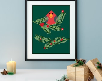 Holly Jolly Cardinal Bird Art Print - Christmas and Winter Holiday Decor Art - Wall Art Decor