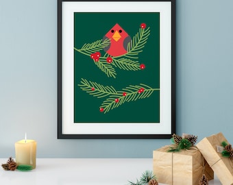 Holly Jolly Cardinal Bird Art Print - Christmas and Winter Holiday Art - Wall Art Decor