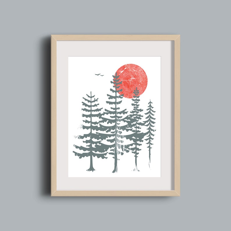 Evergreen Trees Screenprint Art Print Silkscreen Red Sun Northwest Forest Poster Woodland Art Print image 6