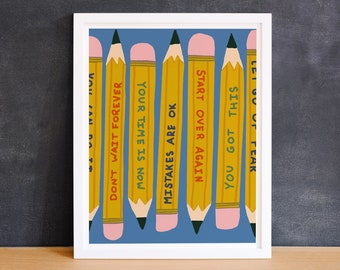 Back to School Pencils Art Print Giclee - Power Up Inspirational Positive Sayings Wall Art  -Illustration - Teacher Art Kids Print